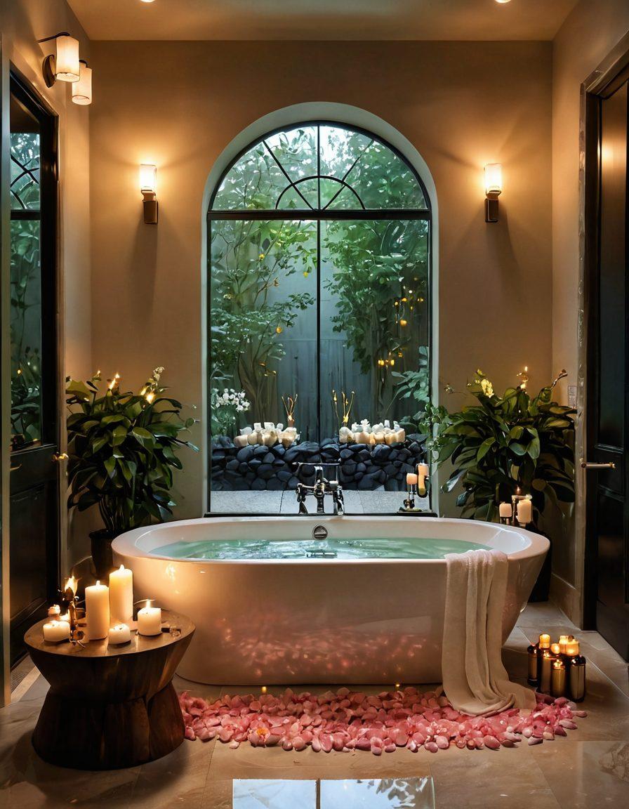 A luxurious bathroom scene featuring a beautifully arranged bath with floating candles, fragrant petals, and soft, ambient lighting. A plush bathrobe drapes on a nearby chair, and a glass of sparkling wine sits on the edge of the tub. Delicate steam rises from the water, creating a serene atmosphere that invites relaxation and sensuality. Incorporate subtle elements of nature, such as potted plants or soft greenery in the background. warm tones, elegant textures, super-realistic.