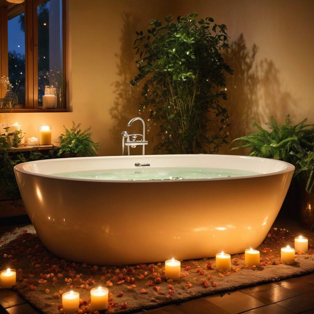 A serene bathroom scene featuring a luxurious freestanding bathtub filled with bubbles, surrounded by aromatic candles and lush green plants. Soft, warm lighting creates a cozy atmosphere, while a fluffy towel and a glass of herbal tea sit nearby, inviting relaxation and tranquility. Delicate flower petals float on the water's surface, emphasizing the theme of joyful bathing experiences. super-realistic. calming colors. warm lighting.